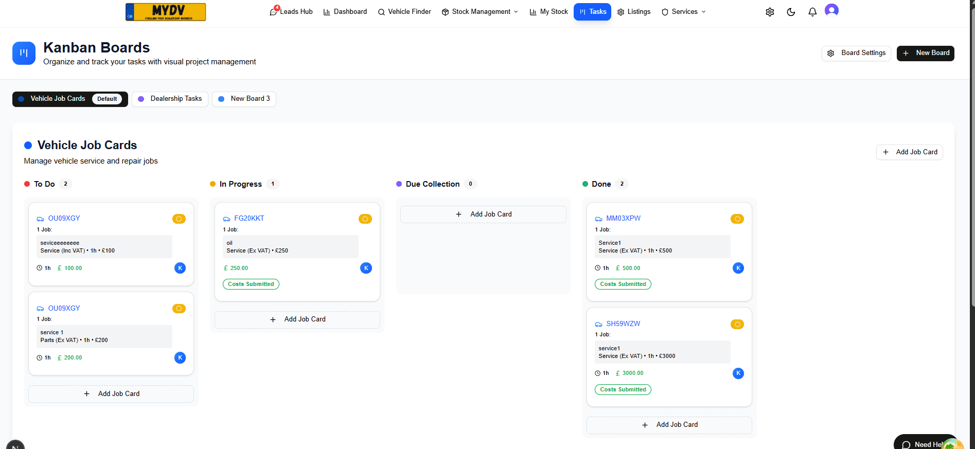 MYDEALERSHIPVIEW workshop job card and Kanban board screen